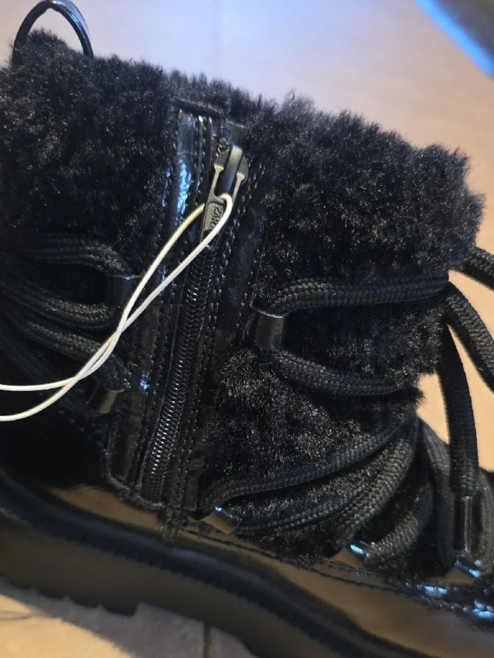 Zara Kids Black Faux-Fur Lace-Up Winter Boots. Size 1